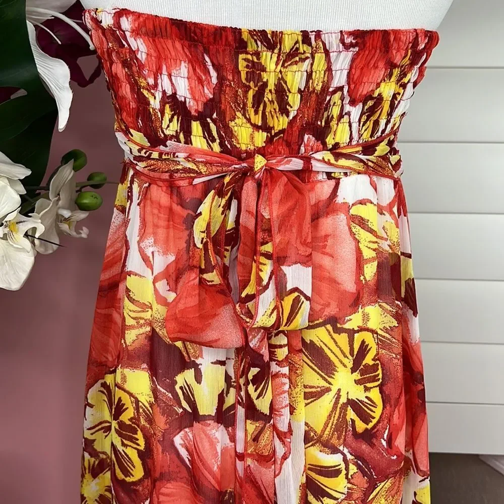 Xhilaration Strapless Tropical Fall Hibiscus Floral Maxi Summer Dress